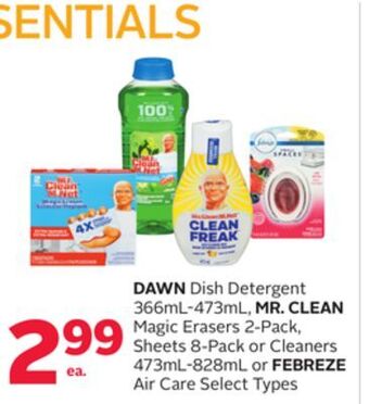 Rexall Dawn dish detergent 366ml-473ml, mr. clean magic erasers 2-pack, sheets 8-pack or cleaners 473ml-828ml or febreze air care offer