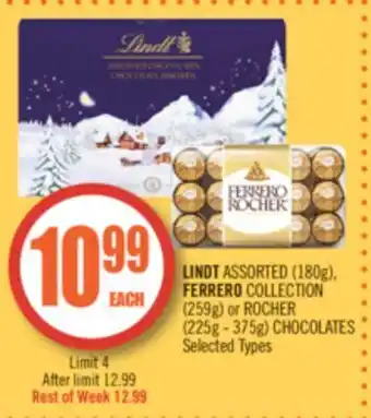 Shoppers Drug Mart Lindt assorted (180g), ferrero collection (259g) or rocher (225g - 375g) chocolates offer