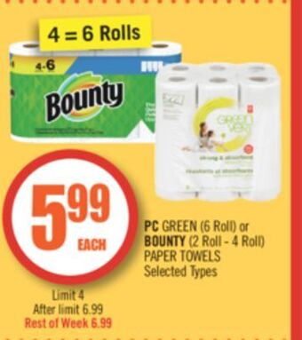 Shoppers Drug Mart Pc green (6 roll) or bounty (2 roll - 4 roll) paper towels offer