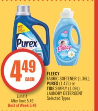 Shoppers Drug Mart Fleecy fabric softener (1.36l), purex (1.47l) or tide simply (1.09l) laundry detergent offer