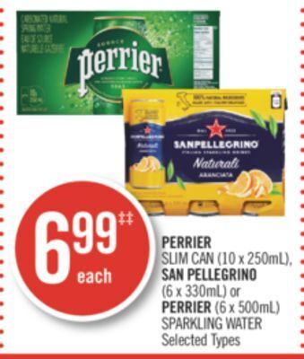 Shoppers Drug Mart Perrier slim can (10 x 250ml), san pellegrino (6 x 330ml) or perrier (6 x 500ml) sparkling water offer