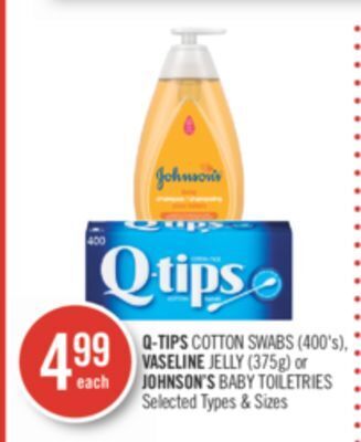 Shoppers Drug Mart Q-tips cotton swabs (400's), vaseline jelly (375g) or johnson's baby toiletries offer