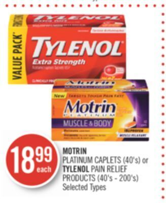 Shoppers Drug Mart Motrin platinum caplets (40's) or tylenol pain relief products (40's - 200's) offer