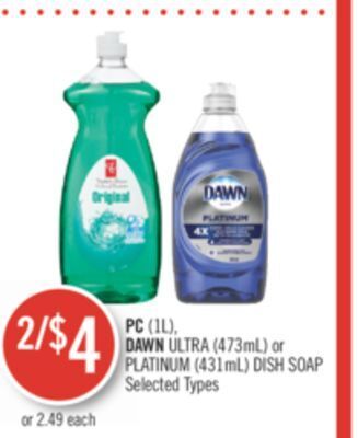 Shoppers Drug Mart Pc (1l), dawn ultra (473ml) or platinum (431ml) dish soap offer