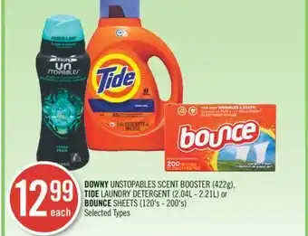 Shoppers Drug Mart Downy unstopables scent booster (422g), tide laundry detergent (2.04l - 2.21l) or bounce sheets (120's - 200's) offer