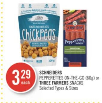 Shoppers Drug Mart Schneiders pepperettes on-the-go (60g) or three farmers snacks offer