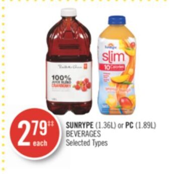 Shoppers Drug Mart Sunrype (1.36l) or pc (1.89l) beverages offer