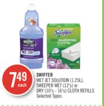 Shoppers Drug Mart Swiffer wet jet solution (1.25l), sweeper wet (12's) or dry (10's - 16's) cloth refills offer
