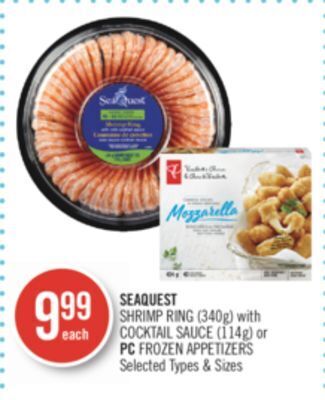 Shoppers Drug Mart Seaquest shrimp ring (340g) with cocktail sauce (114g) or pc frozen appetizers offer
