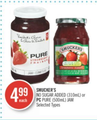 Shoppers Drug Mart Smucker's no sugar added (310ml) or pc pure (500ml) jam offer
