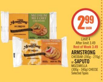 Shoppers Drug Mart Armstrong cheddar (200g - 270g) or saputo mozzarella (300g - 340g) cheese offer