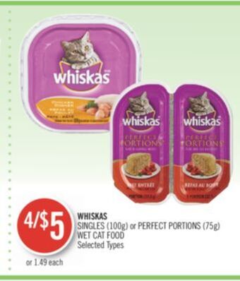 Shoppers Drug Mart Whiskas singles (100g) or perfect portions (75g) wet cat food offer