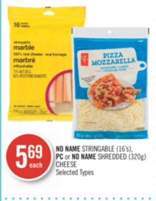 Shoppers Drug Mart No name stringable (16's), pc or no name shredded (320g) cheese offer