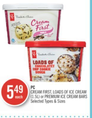 Shoppers Drug Mart Pc cream first, loads of ice cream (1.5l) or premium ice cream bars offer