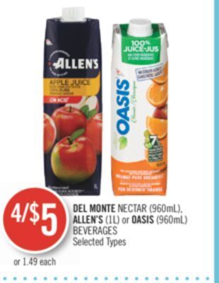 Shoppers Drug Mart Del monte nectar (960ml), allen's (1l) or oasis (960ml) beverages offer