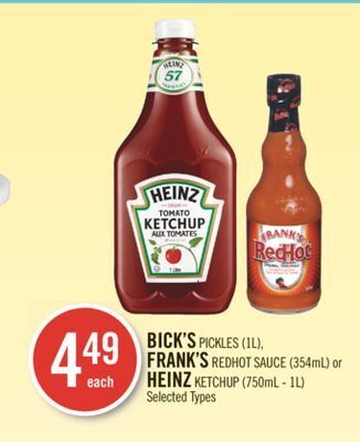 Shoppers Drug Mart Bick's pickles (1l), frank's redhot sauce (354ml) or heinz ketchup (750ml - 1l) offer