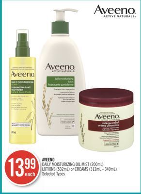 Shoppers Drug Mart Aveeno daily moisturizing oil mist (200ml), lotions (532ml) or creams (312ml - 340ml) offer