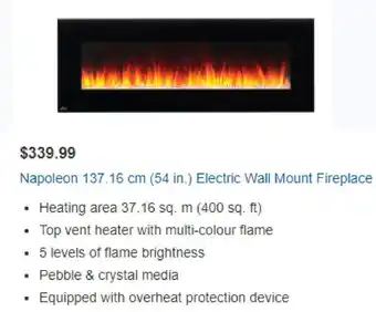 Costco Napoleon 137.16 cm, Electric Wall Mount Fireplace offer