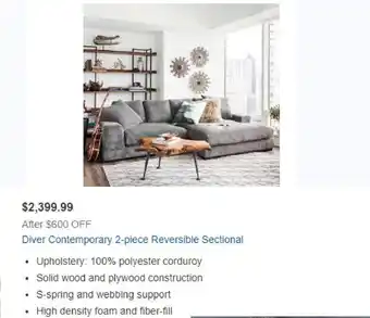 Costco Driver Contemporary 2-piece Reversible Sectional offer