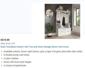 Costco Bush Woodland Modern Hall Tree And Shoe Storage Bench With Doors offer