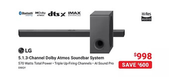 Visions Electronics Lg 5.1.3-channel dolby atmos soundbar system offer