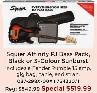 Long & McQuade Squier affinity pj bass pack w/rumble 15, gig bag - 3-colour sunburst offer