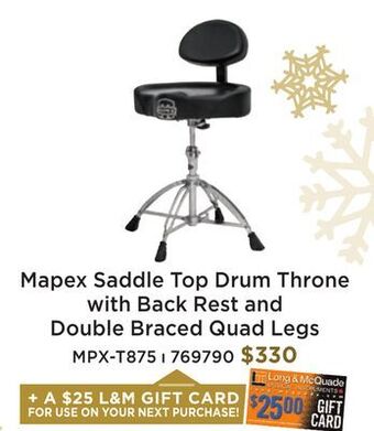 Long & McQuade Mapex t875 saddle top drum throne with back rest and double-braced quad legs offer