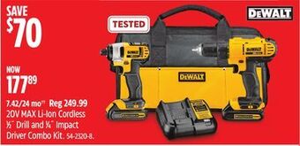 Canadian Tire Dewalt 20v max li-ion cordless 1⁄2" drill and 1⁄4" impact driver combo kit offer