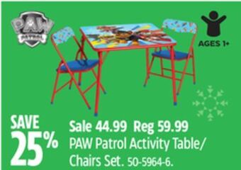 Canadian Tire Paw patrol activity table/ chairs set offer