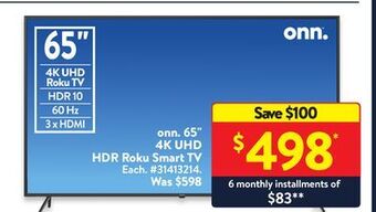 Walmart Onn 65" 4k uhd hdr roku smart tv offer