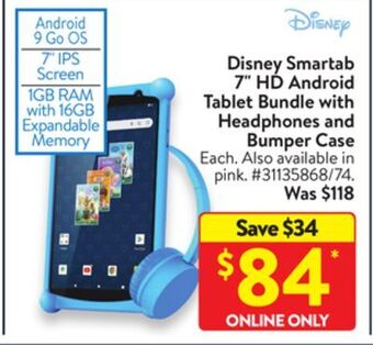 Walmart Disney smartab 7" hd android tablet bundle with headphones and bumper case offer
