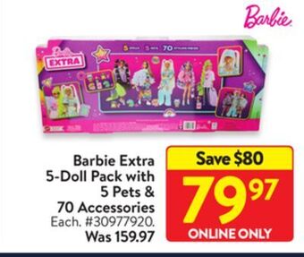 Walmart Barbie extra 5-doll pack with 5 pets & 70 accessories offer