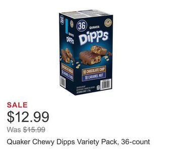 Costco Quaker chewy dipps variety pack, 36-count offer