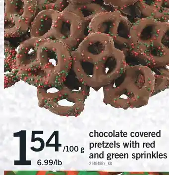Fortinos Chocolate covered pretzels with red and green sprinkles offer