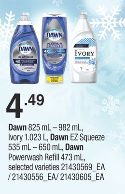 Fortinos Dawn, 825 ml-982 ml, ivory 1.023 l, dawn ez squeeze, 535 ml-650 ml, dawn powerwash refill, 473 ml offer