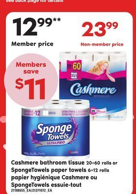 Independent Grocer Cashmere bathroom tissue 20=60 rolls or spongetowels paper towels, 6=12 rolls offer