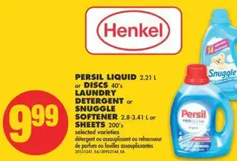 No Frills Persil liquid, 2.21 l or discs 40's laundry detergent r snuggle softener, 2.8-3.41 l or sheets, 200's offer