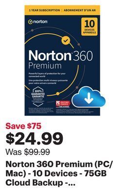 Best Buy Norton 360 premium (pc/mac) - 10 devices - 75gb cloud backup - 1-year subscription - digital download offer