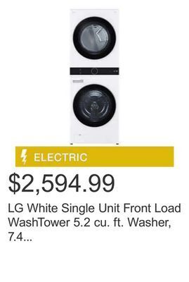 Costco Lg white single unit front load washtower 5.2 cu. ft. washer, 7.4 cu. ft. electric dryer offer