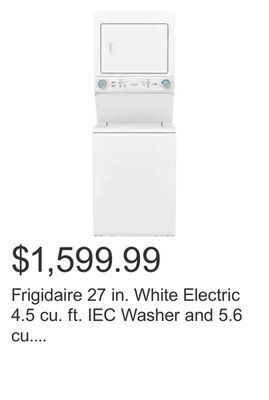 Costco Frigidaire 27 in. white electric 4.5 cu. ft. iec washer and 5.6 cu. ft. dryer laundry centre offer