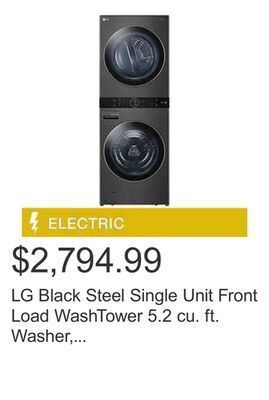 Costco Lg black steel single unit front load washtower 5.2 cu. ft. washer, 7.4 cu. ft. electric dryer offer