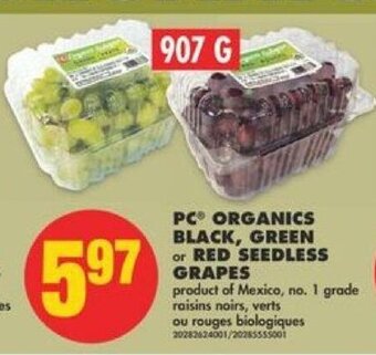 No Frills PC Organics Black,Green or Red Seedless Grapes offer
