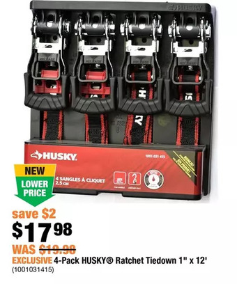 Home Depot 4-pack husky ratchet tiedown 1" x 12' offer
