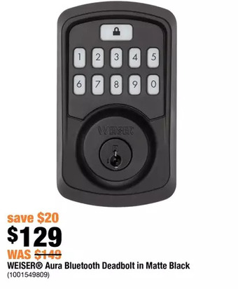 Home Depot Weiser aura bluetooth deadbolt in matte black offer
