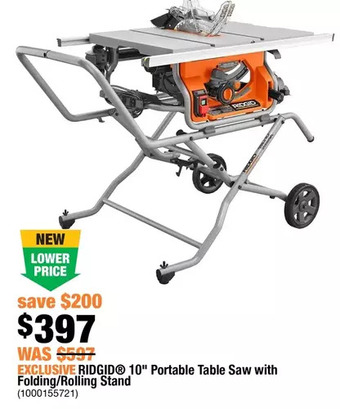 Home Depot Ridgid 10" portable table saw with folding/rolling stand offer