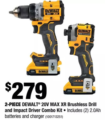 Home Depot 2-piece dewalt 20v max xr brushless drill and impact driver combo kit offer