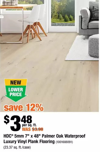 Home Depot Hdc 5mm 7" x 48" palmer oak waterproof luxury vinyl plank flooring offer