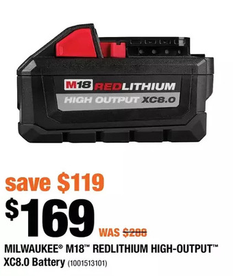 Home Depot Milwaukee m18 redlithium high-output xc8.0 battery offer