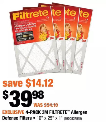 Home Depot 4-pack 3m filtrete allergen defense filters offer