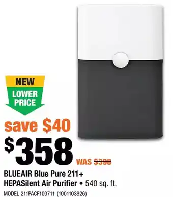 Home Depot Blueair blue pure 211+ hepasilent air purifier offer